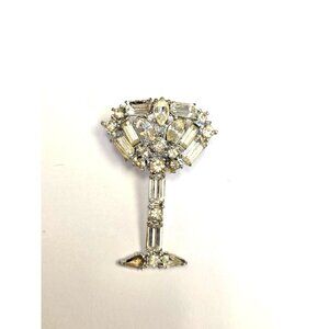 Vintage Rhinestone Cocktail Glass Pin Brooch Silver Tone Elegant Design